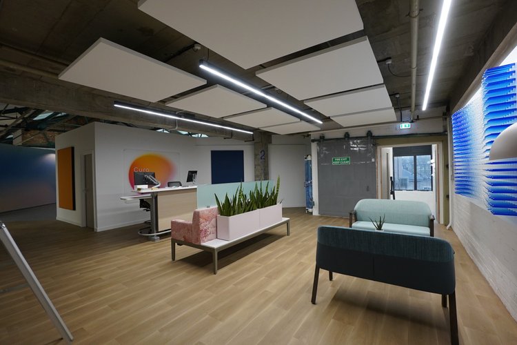 Reception and waiting area with a desk, armchairs and plants.