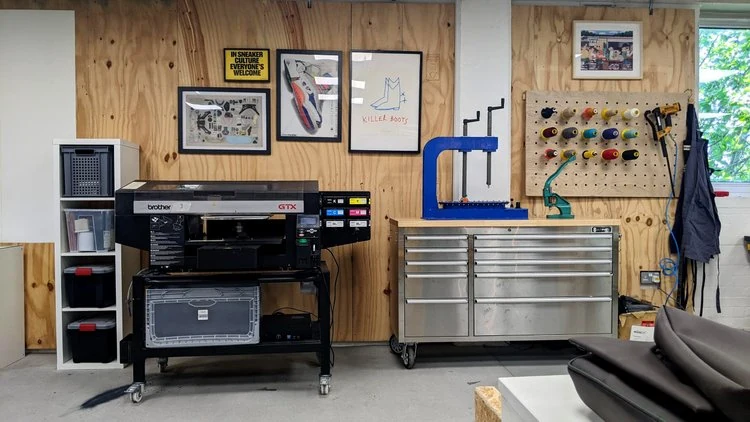 Brother GTX textile printer and tools in the Textile Lab.